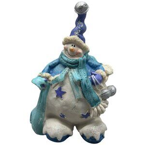 Hand-Painted Christmas Snowman Figurine With Scarf & Hat - Blue & White READ
